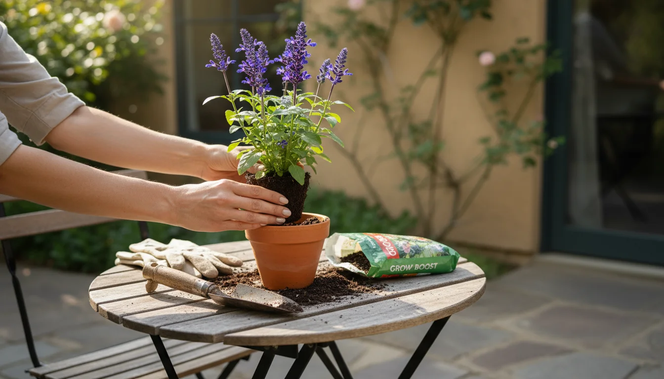 Hands preparing a terracotta pot with potting mix and a salvia plant on a wooden patio table, gardening tools nearby.