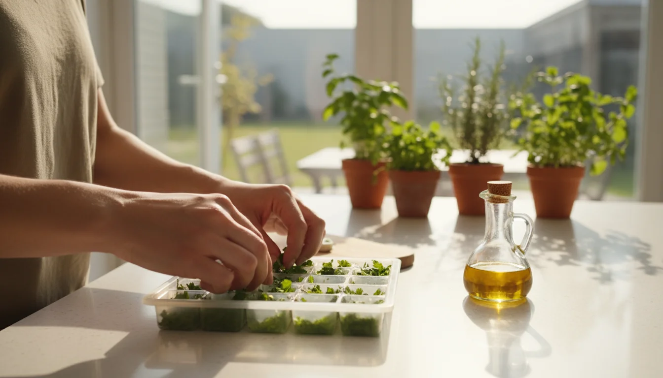 Hands pressing chopped cilantro into an ice cube tray with olive oil, a sunny patio garden blurred in the background.