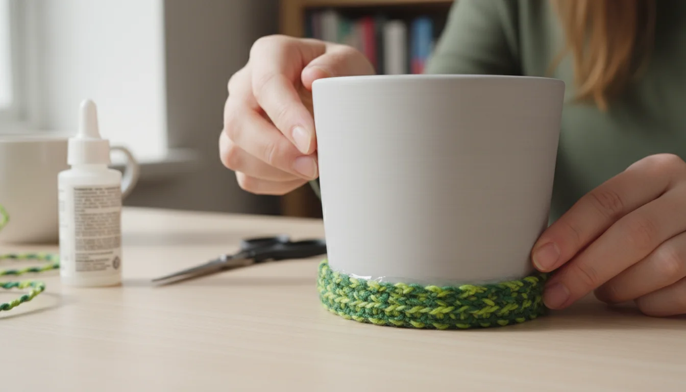 Close-up of hands pressing a chunky, variegated green yarn onto the base of a light gray ceramic pot with glue. Various colorful yarn balls are blurre