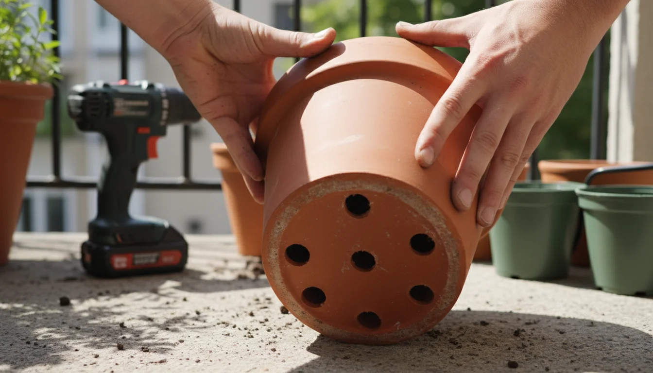 Hands showing prominent drainage holes on the bottom of a deep terracotta container on a small balcony, with a drill in background.