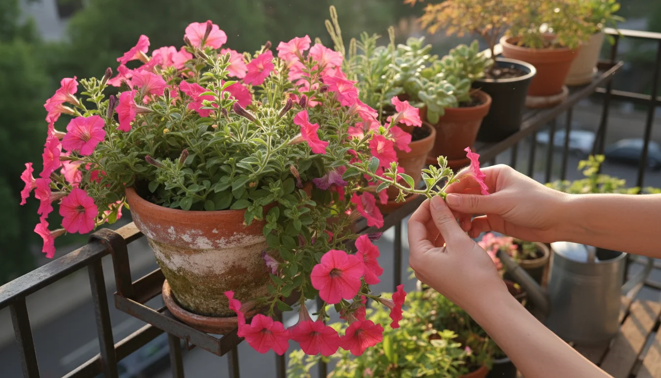 Hands gently prune a pink petunia plant in a terracotta pot on a sunny urban balcony, surrounded by other thriving container flowers.