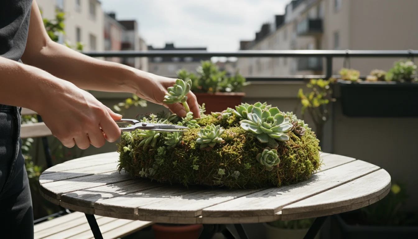 Hands carefully prune a succulent in a living wreath with small shears on a sun-dappled balcony table.