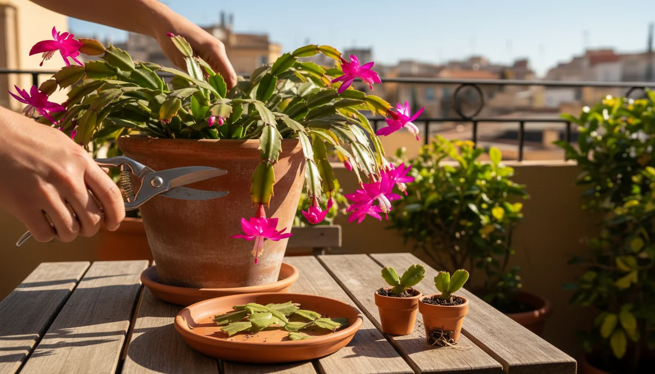 Hands prune a vibrant Christmas Cactus on a balcony table, with fresh stem cuttings drying and others rooted in tiny starter pots beside it.