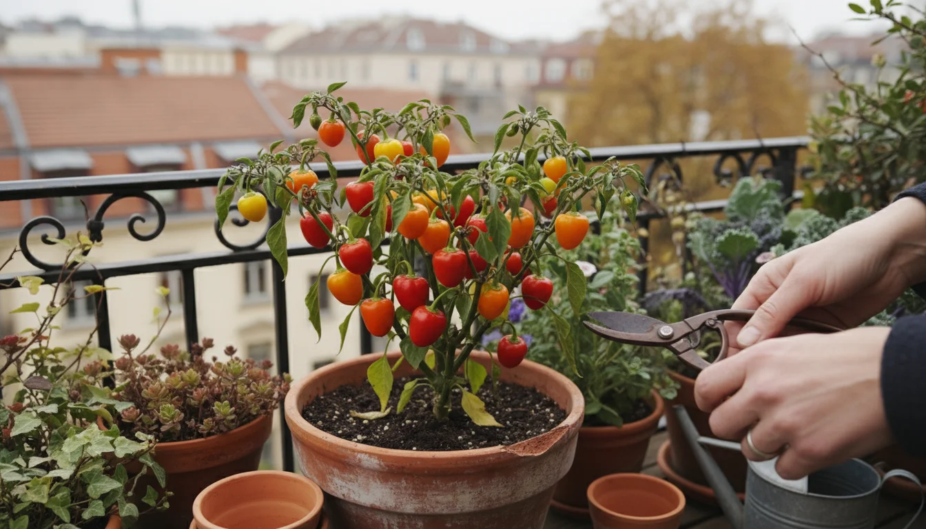 Hands gently prune a vibrant ornamental pepper plant in a terracotta pot on a cozy balcony in late autumn, with a repurposed metal watering can nearby