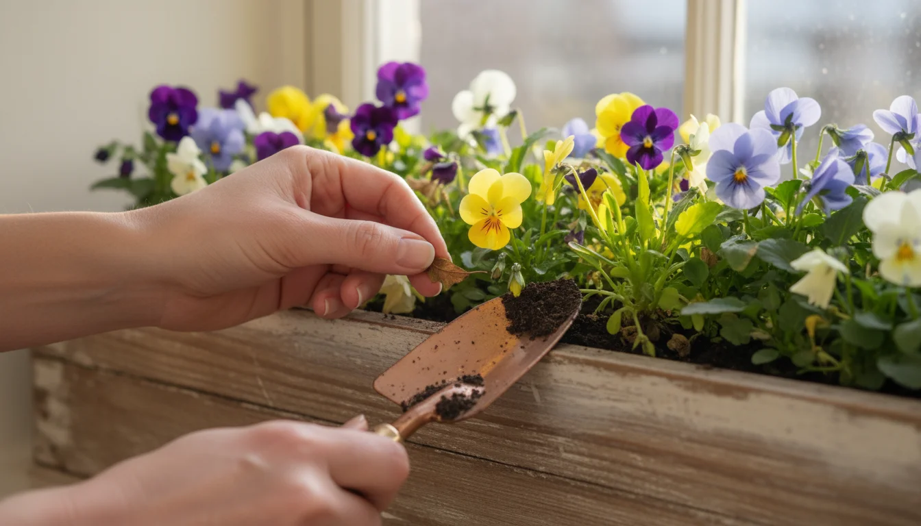Hands gently prune a window box of pansies and violas, revealing new green growth among winter-worn foliage on a light window sill.