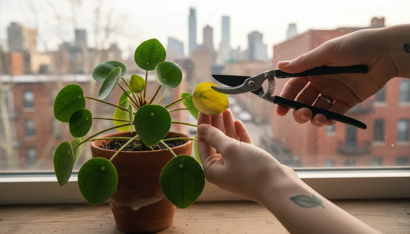 Hands prune a yellowing leaf from a potted plant with sharp pruners, another hand positioned below to catch the falling piece.