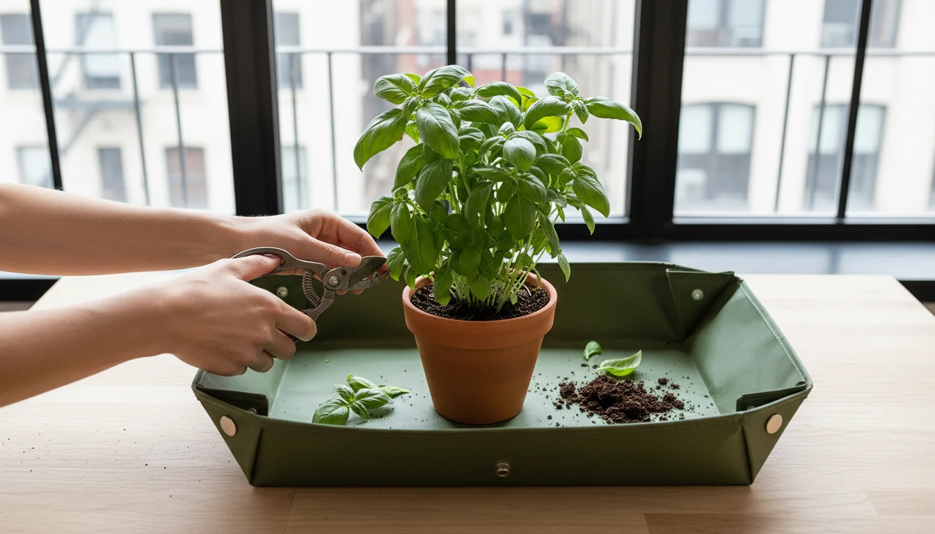 Hands pruning a basil plant on a green foldable gardening mat, with small leaves and soil contained.