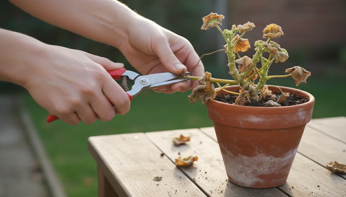 Hands pruning a leggy geranium in a terracotta pot on a wooden surface, cutting a dry stem with shears. A rubbing alcohol bottle is nearby.