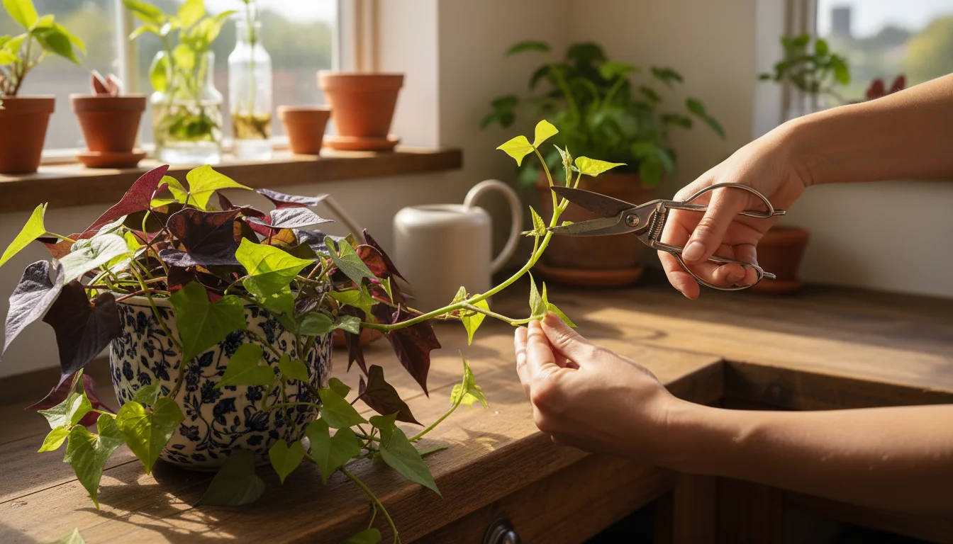 Hands pruning a lush sweet potato vine in a ceramic pot with small shears. Rooting vine cuttings are in water jars in the background.