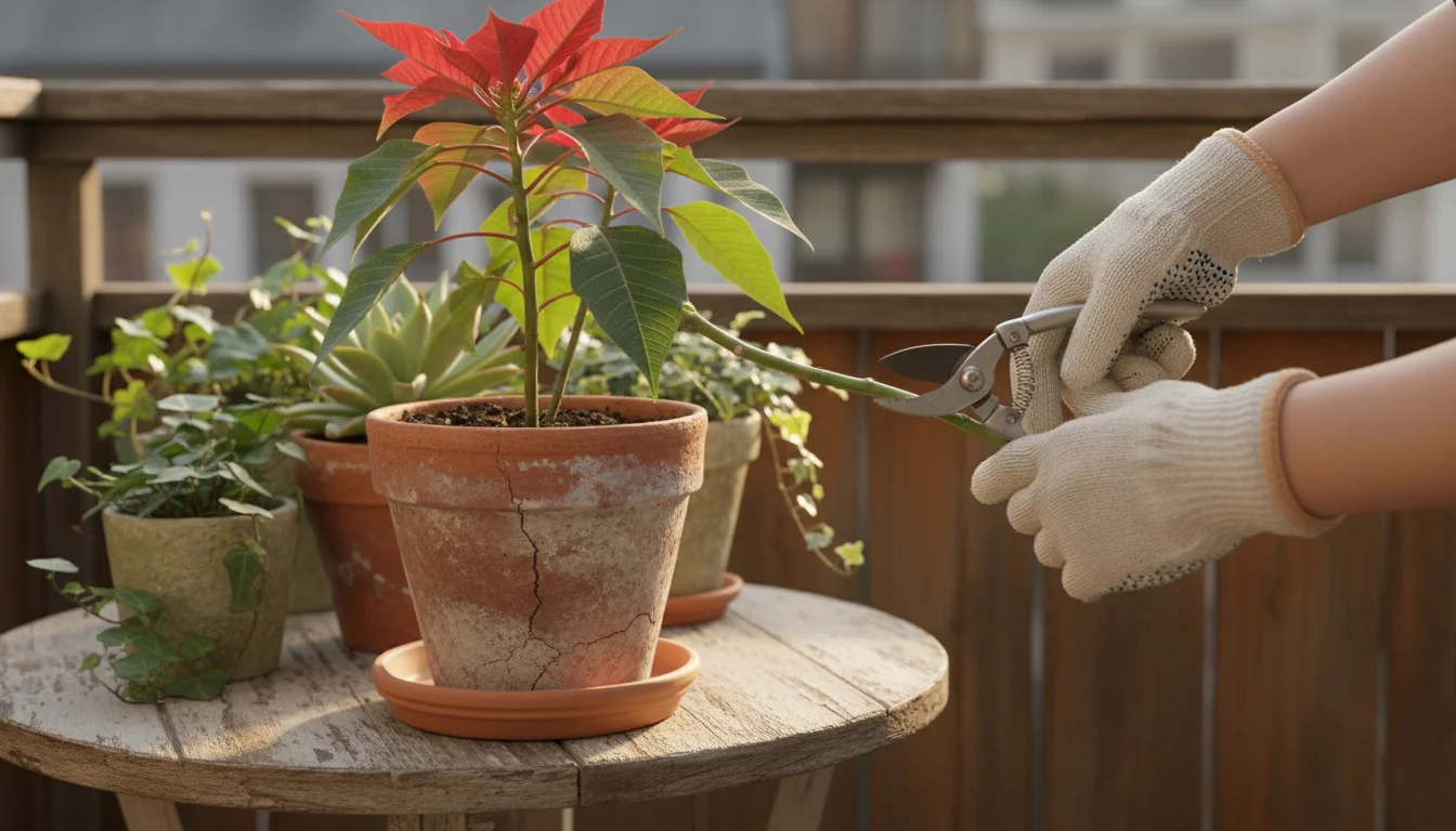Hands pruning a post-holiday poinsettia with faded bracts in a terracotta pot on a small balcony.