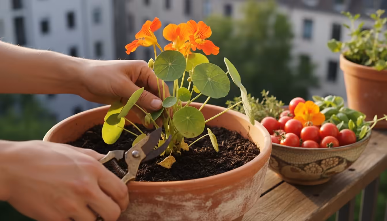 Close-up of hands pruning a vibrant nasturtium in a large terracotta pot on a balcony, with harvested leaves and flowers in a bowl.
