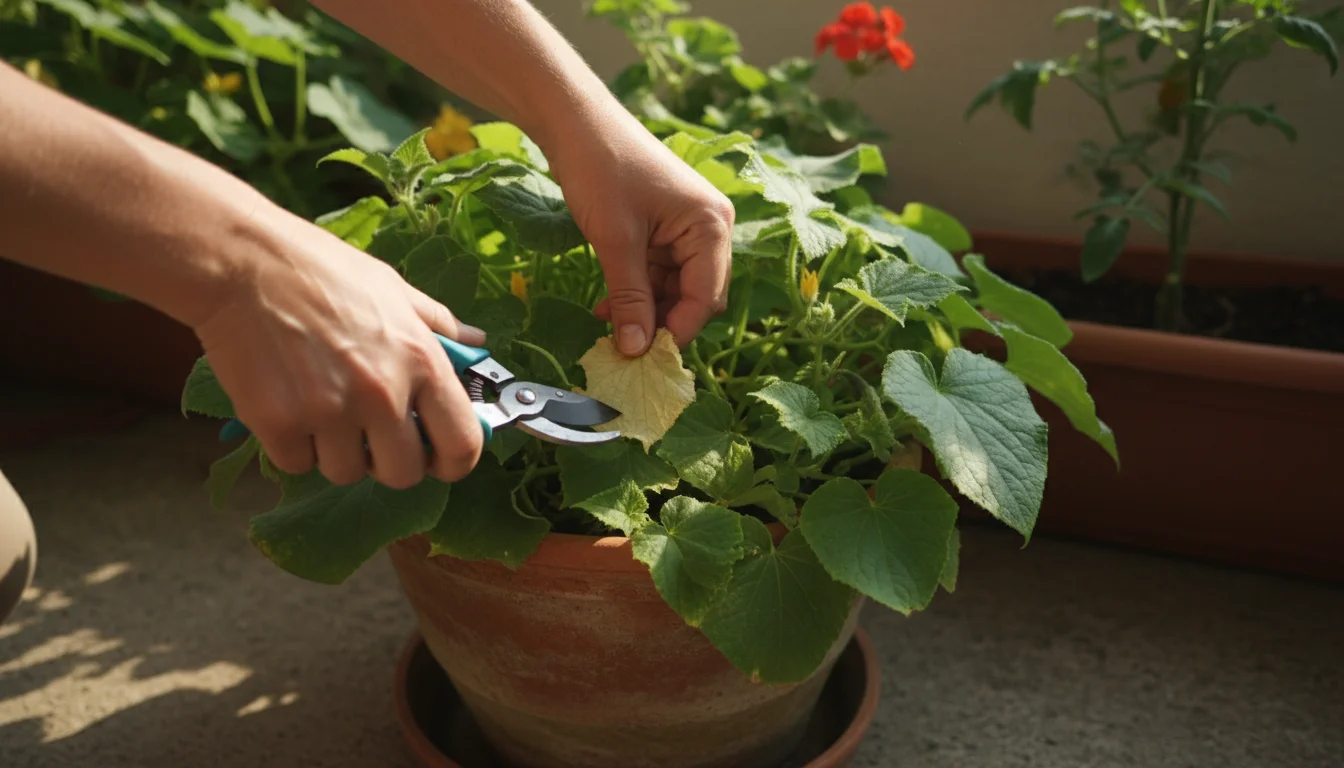 Hands pruning a yellowed lower leaf from a container-grown bush cucumber plant on an urban balcony, emphasizing disease prevention.