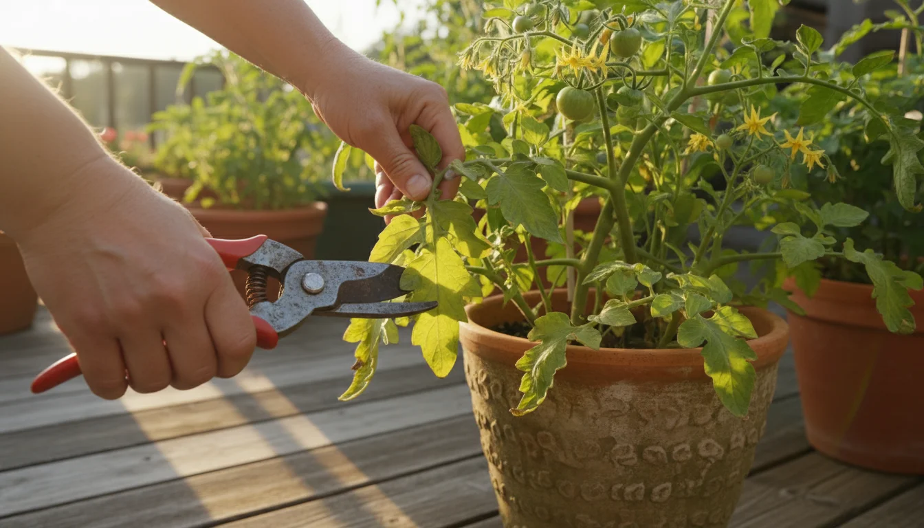 Close-up of hands pruning a yellowing leaf from a container tomato plant on a patio, showing bare fruit stems and new growth.