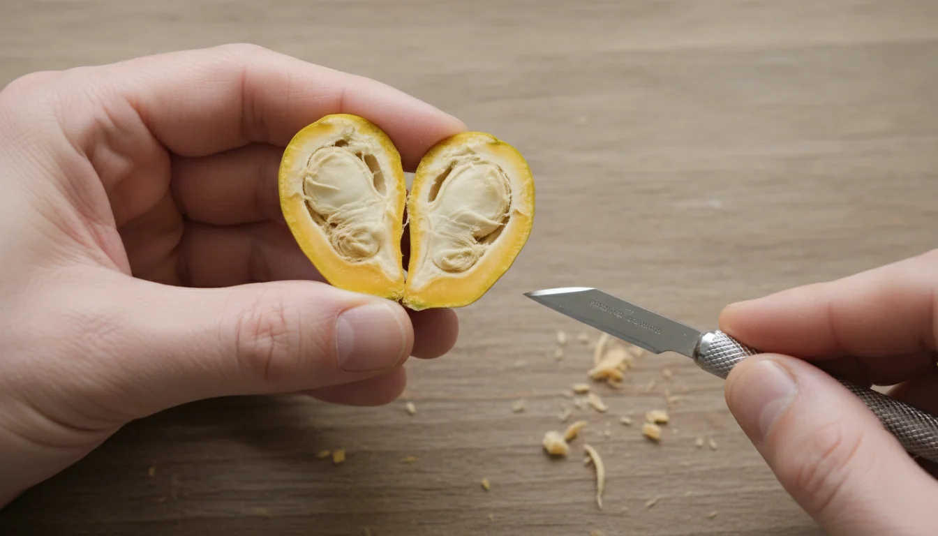 Close-up of hands carefully prying open a split seed with a craft knife to reveal its healthy internal structure.