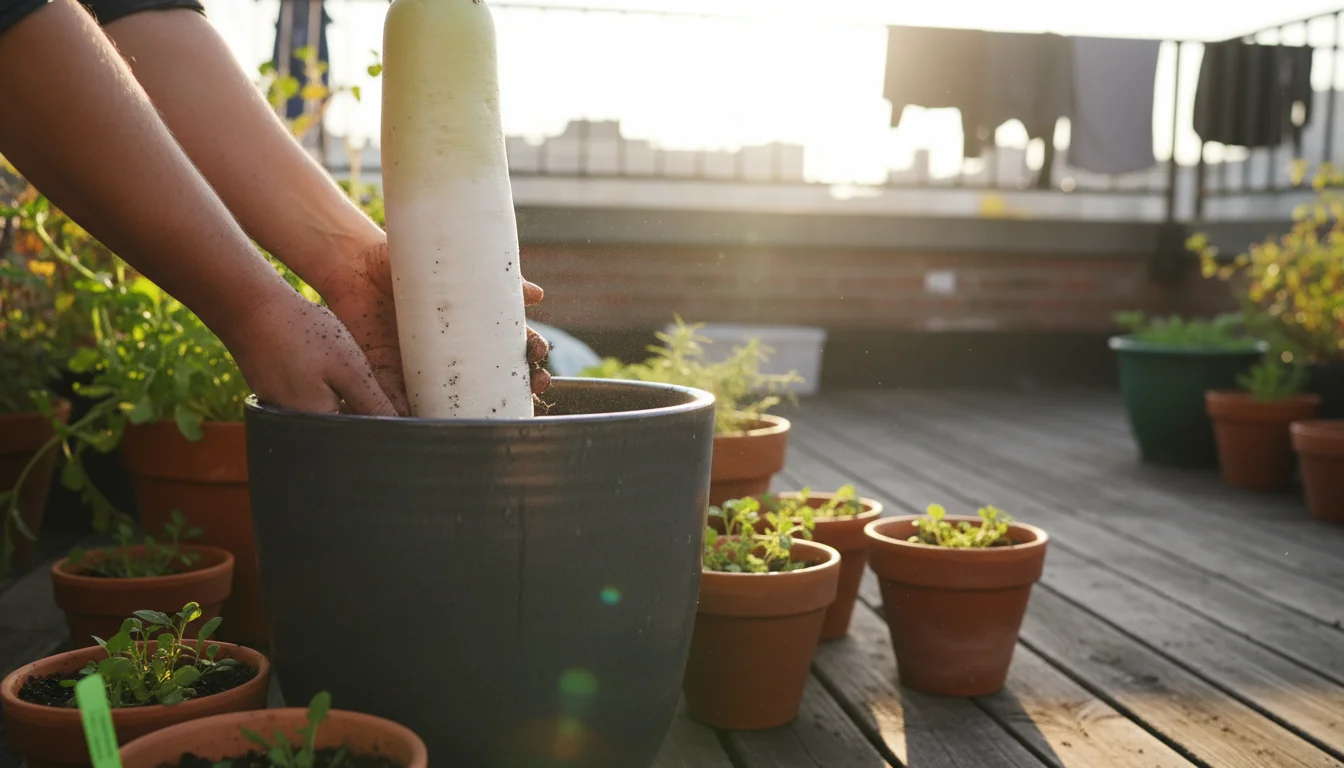 Hands gently pull a long white Daikon radish from a tall charcoal container on a paved patio, showing its impressive length.