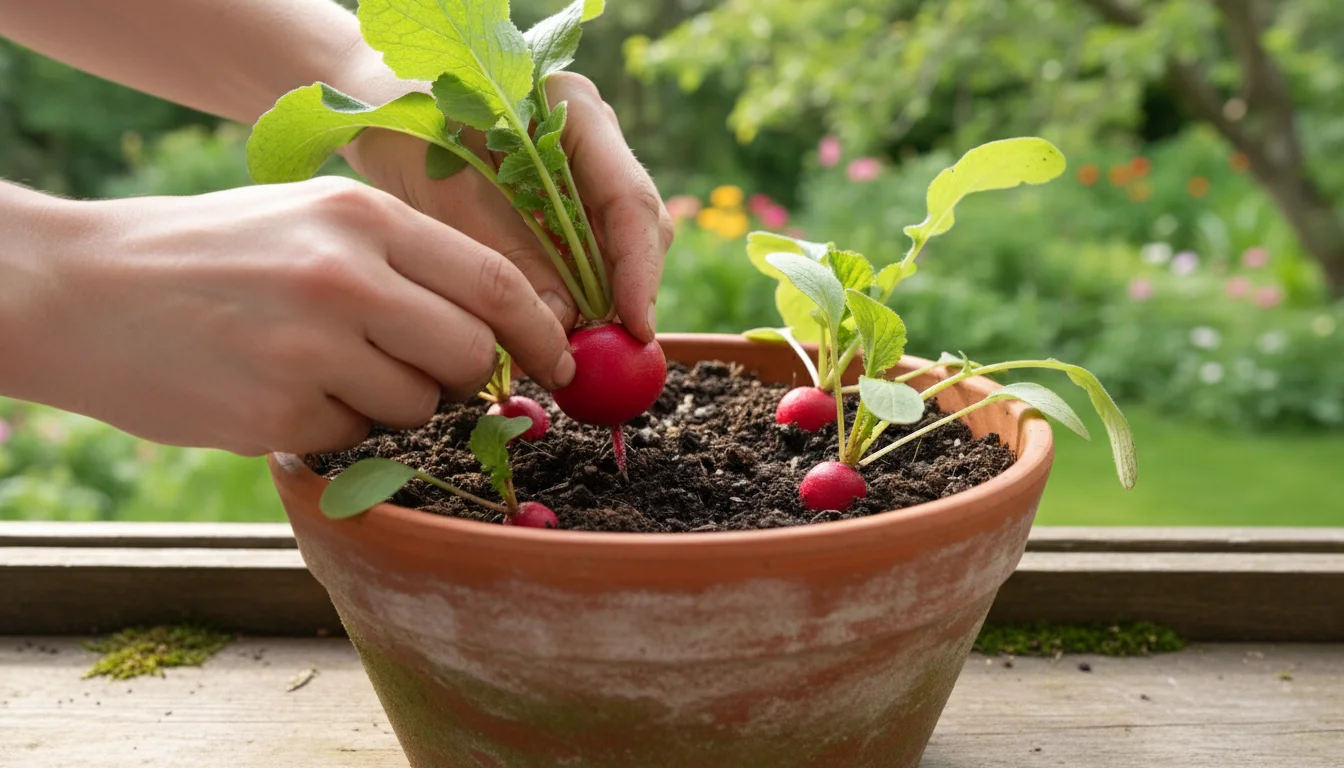 Close-up of hands gently pulling a vibrant red radish, half-emerged from the soil in a terracotta pot on a balcony table.