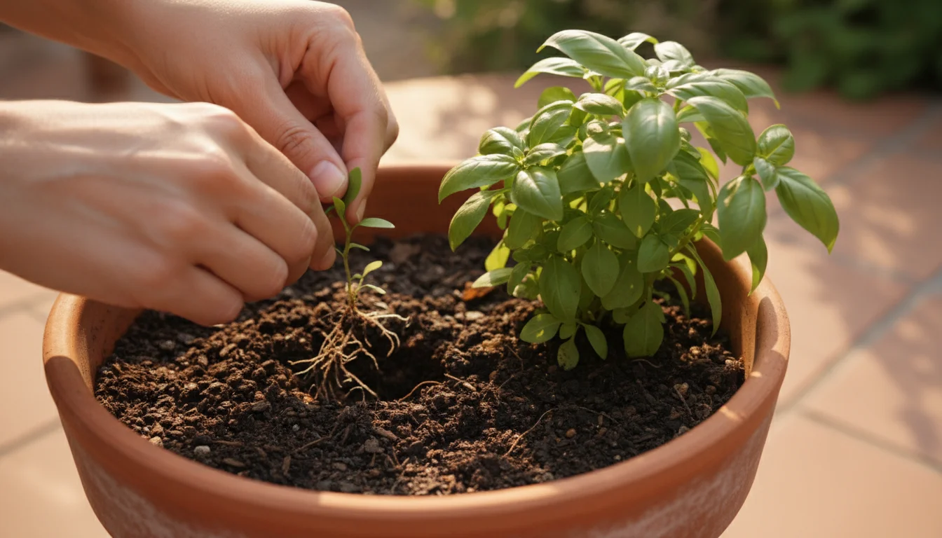 Close-up of hands gently pulling a weed with visible roots from dark, moist soil in a terracotta pot holding a basil plant, dappled sunlight.