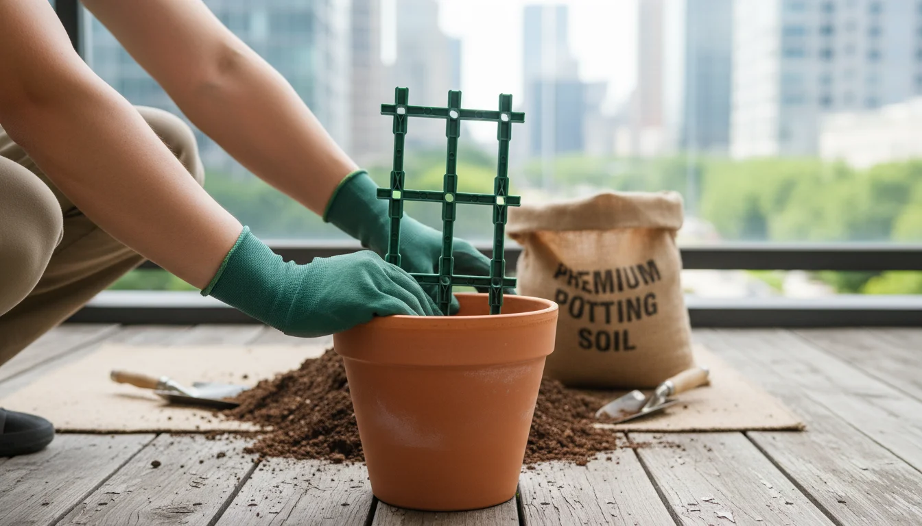 Hands pushing a green grid trellis securely into a clean, empty terracotta pot on a balcony floor, with potting mix in the blurred background.