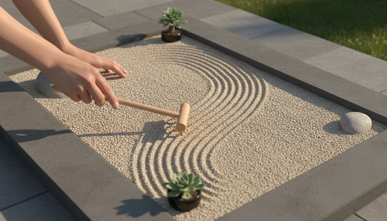 Close-up of hands gently raking light tan gravel into flowing wave patterns in a contained 2x3 foot Zen garden on a modern patio.