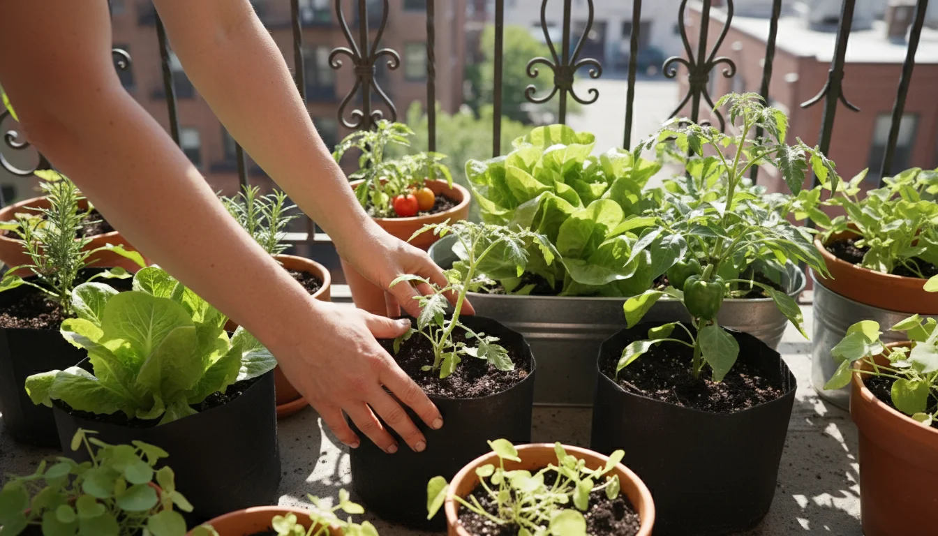 Close-up of hands rearranging diverse container vegetable pots on a small urban balcony, illustrating seasonal crop rotation.