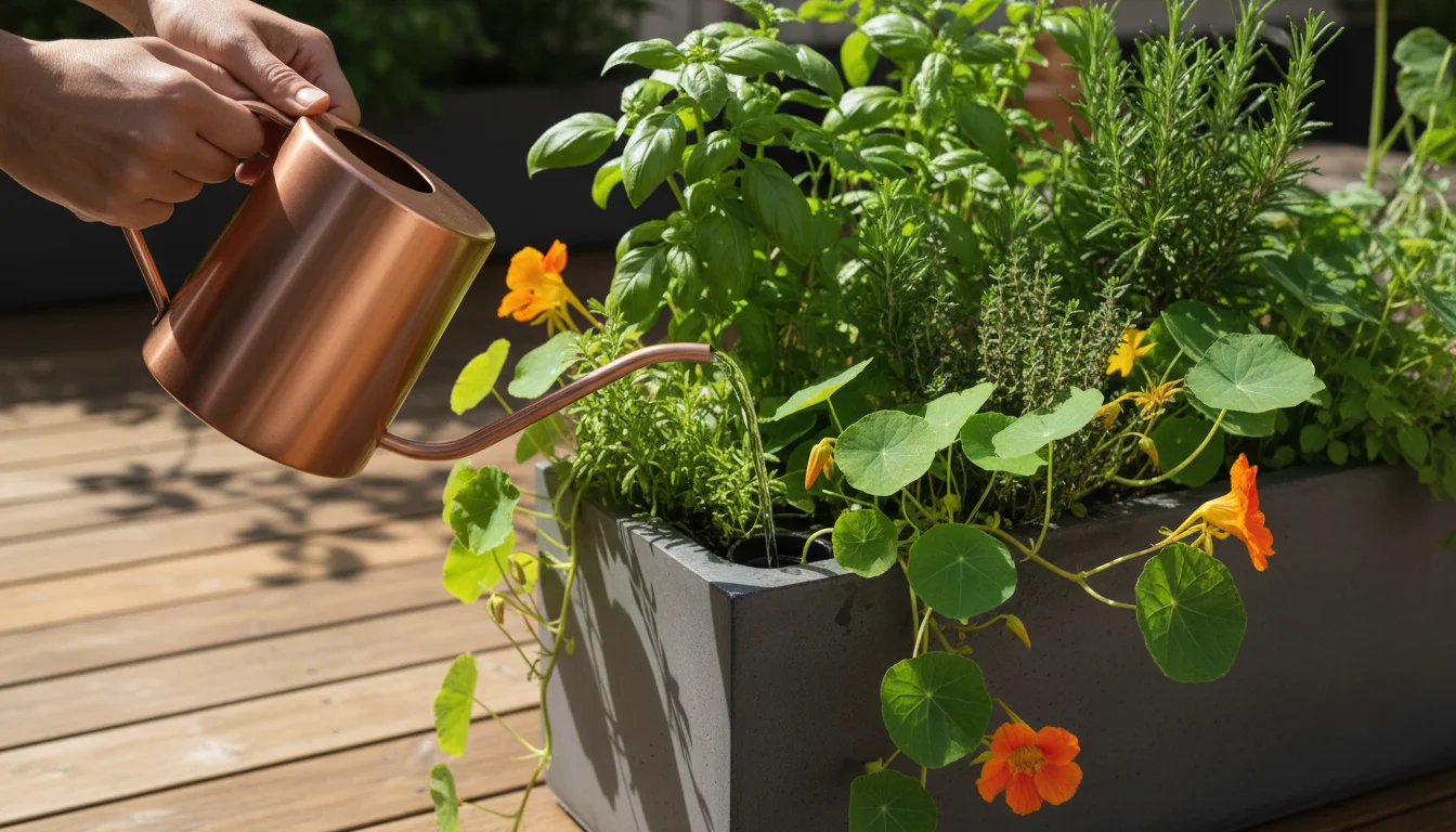 Hands carefully refill a self-watering container's reservoir via its discrete fill tube, with lush herbs thriving on a sunlit urban patio.