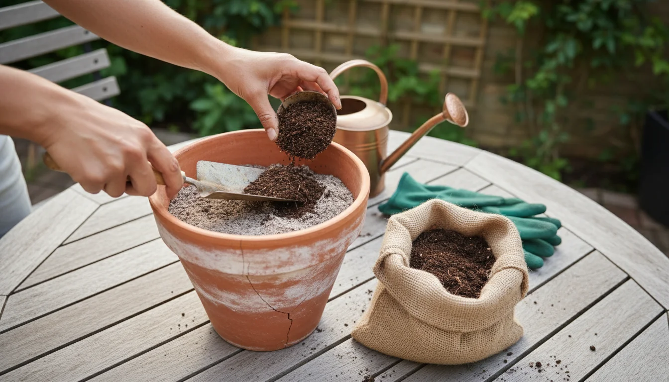 Hands refresh container soil, adding dark compost and new potting mix to an old terracotta pot on a wooden patio table.