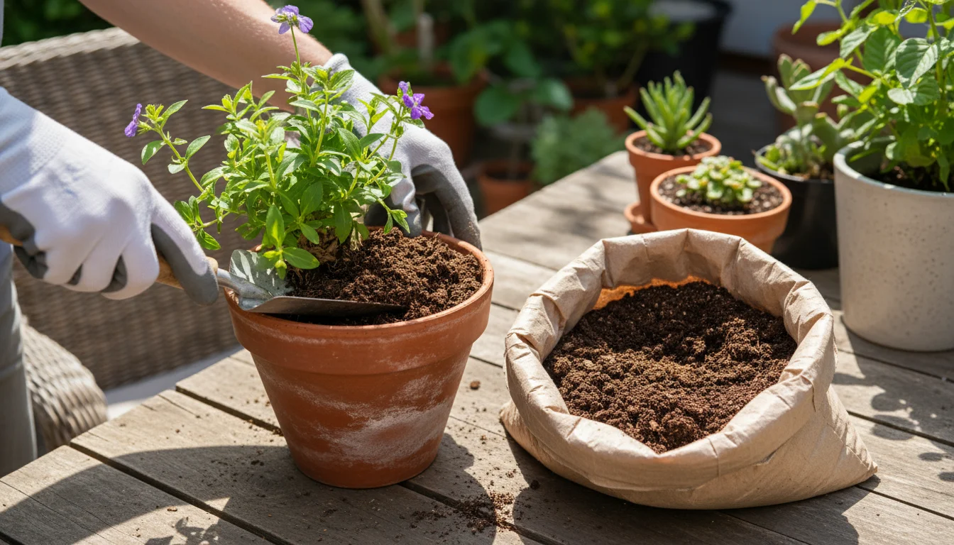 Hands refreshing potting mix in a terracotta pot with a perennial using a trowel and fresh peat-free soil on a patio.