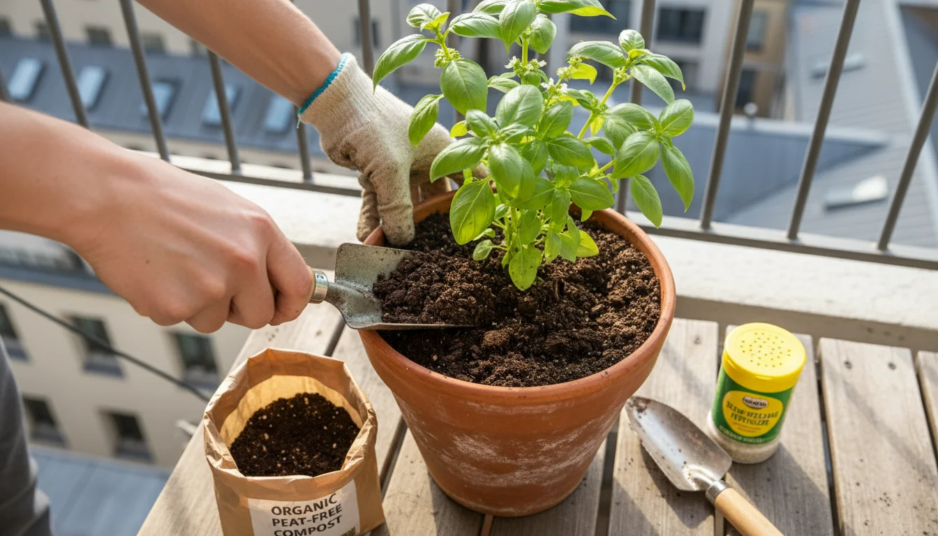 Hands gently refreshing soil in a terracotta pot on an urban balcony with fresh peat-free compost, surrounded by gardening tools and thriving containe