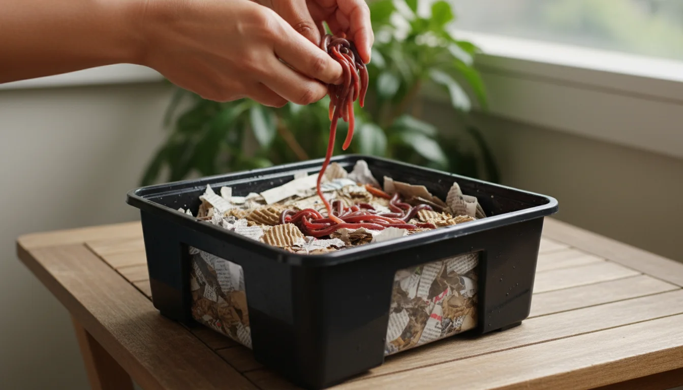 Hands gently release red wiggler worms onto moist, shredded paper bedding inside a compact, opaque DIY worm bin on a patio table.
