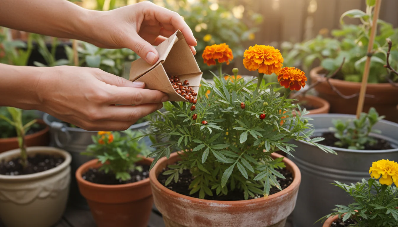 Close-up of hands releasing ladybugs onto a marigold plant in a terracotta pot on an urban patio, signifying natural pest control.