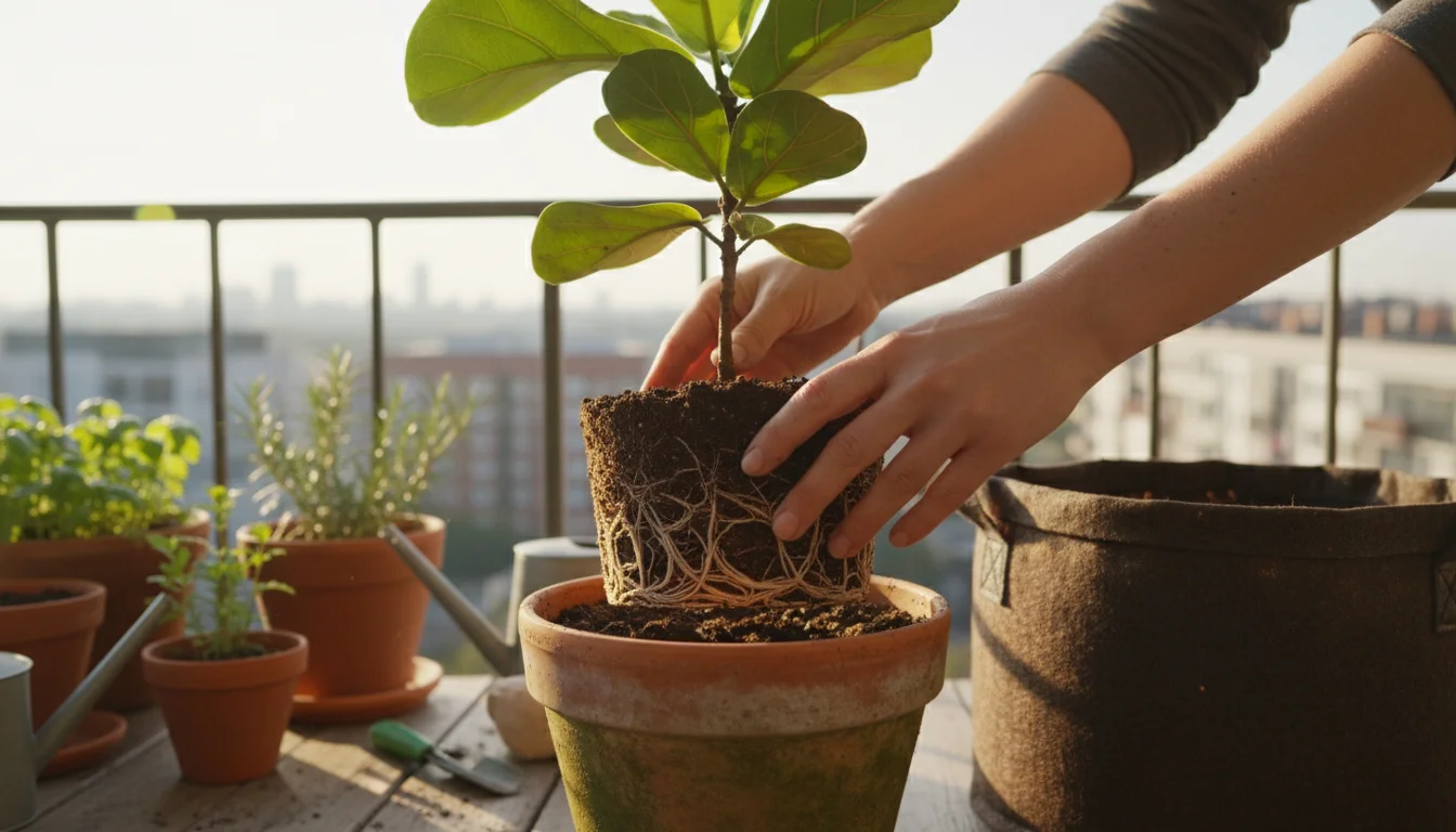 Hands gently remove a Fiddle Leaf Fig from its terracotta pot, revealing a healthy root ball on a sunlit urban balcony.