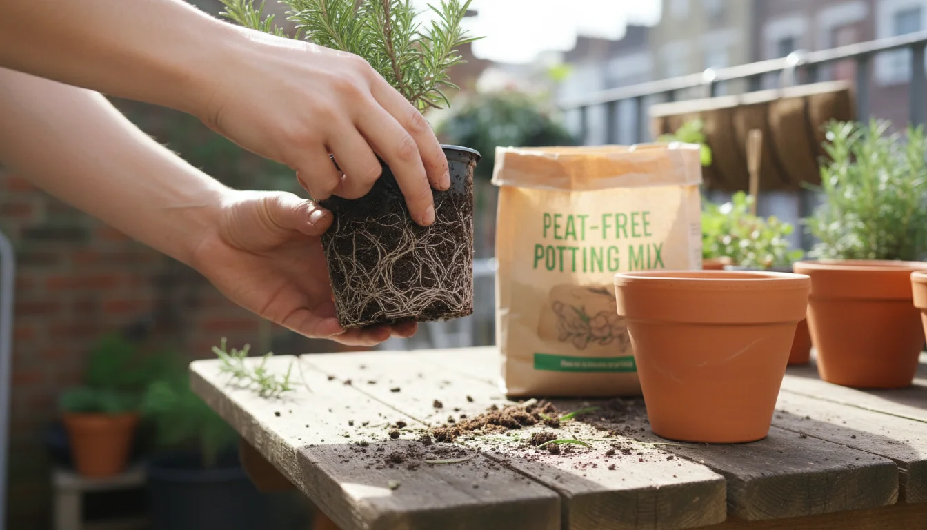 Hands gently remove a root-bound plant from its pot on a wooden bench, revealing circling roots. A new terracotta pot and potting mix are ready.