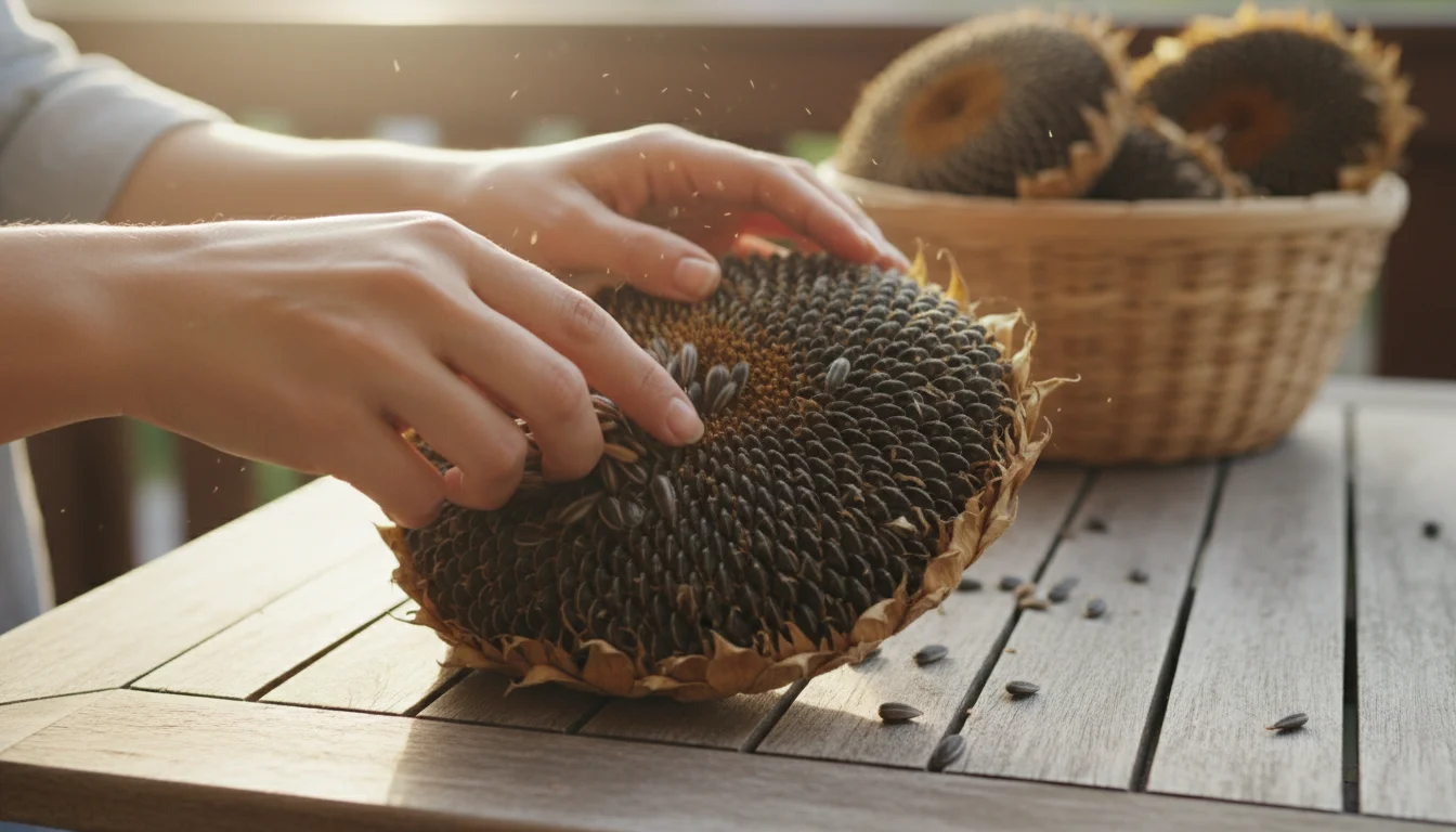 Hands gently remove seeds from a dried sunflower head on a wooden table, with other dried seed heads nearby.