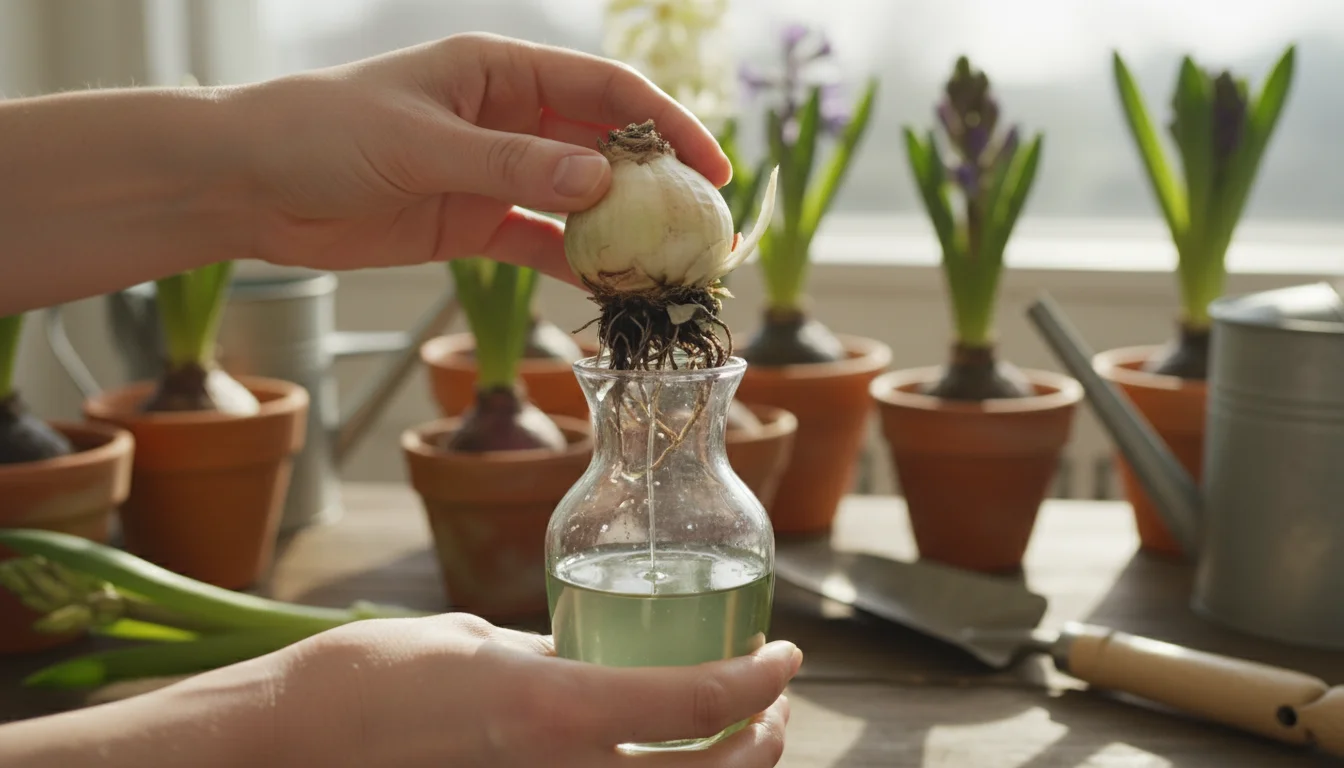 Hands gently remove a sickly, discolored hyacinth bulb from a water-forcing vase with excessive water level, against a bright background.