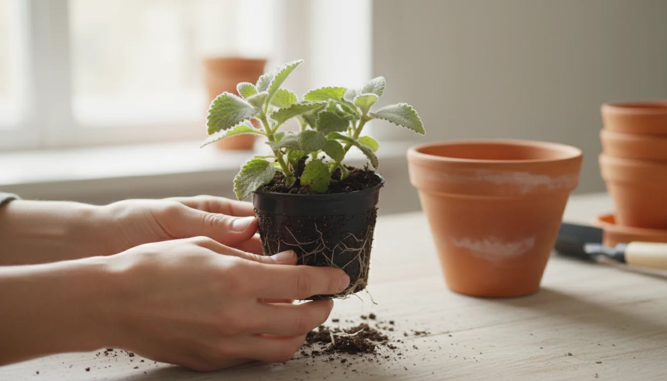 Hands gently remove a small plant with textured leaves from its nursery pot, carefully loosening its root ball, preparing for planting.