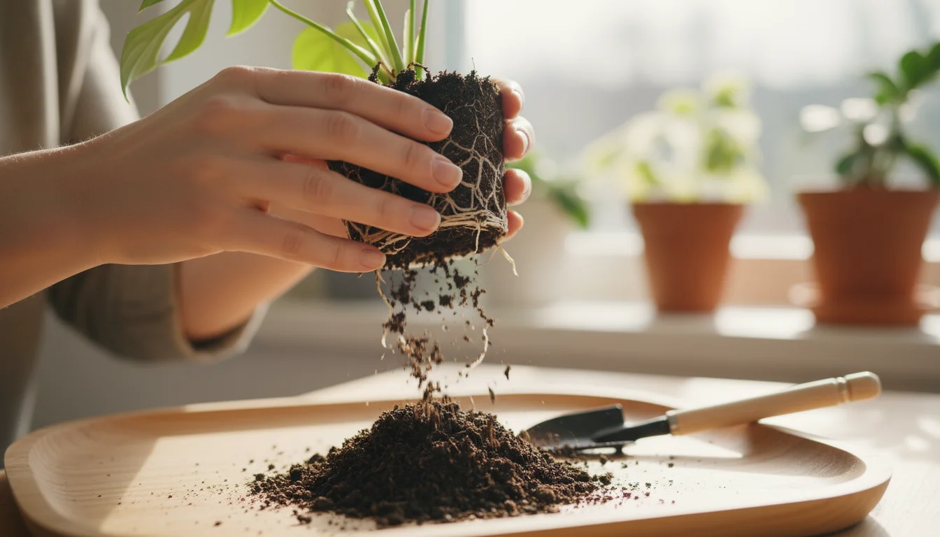 Hands gently removing excess soil from a small plant's roots over a wooden tray for kokedama.