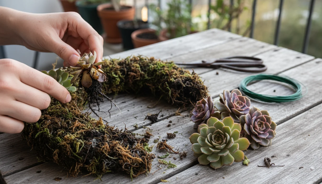 Hands gently removing a mushy succulent from a wreath section on a wooden table, with healthy cuttings drying nearby.