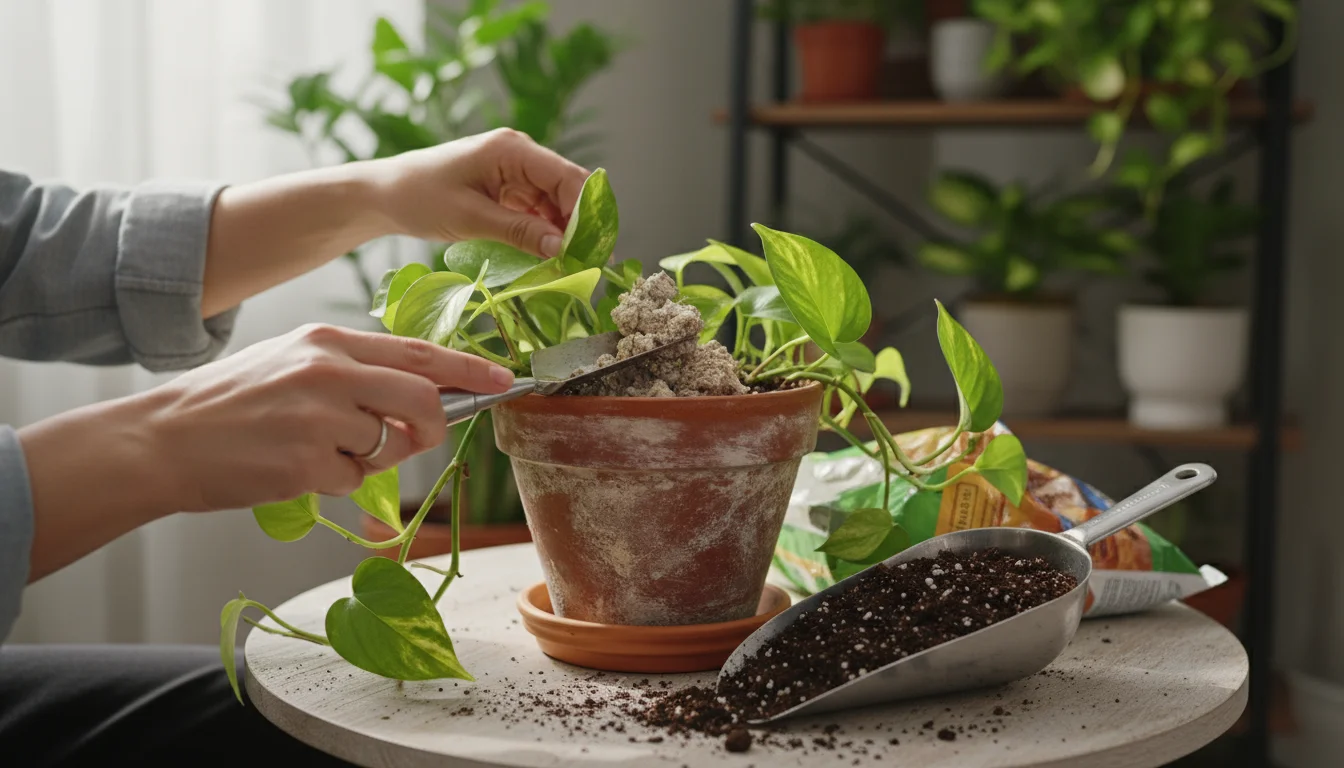 Hands removing old soil from a potted plant and preparing to add fresh potting mix.