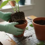 Close-up of hands gently removing a root-bound houseplant from its pot, preparing it for repotting into a larger container on a table in soft winter l