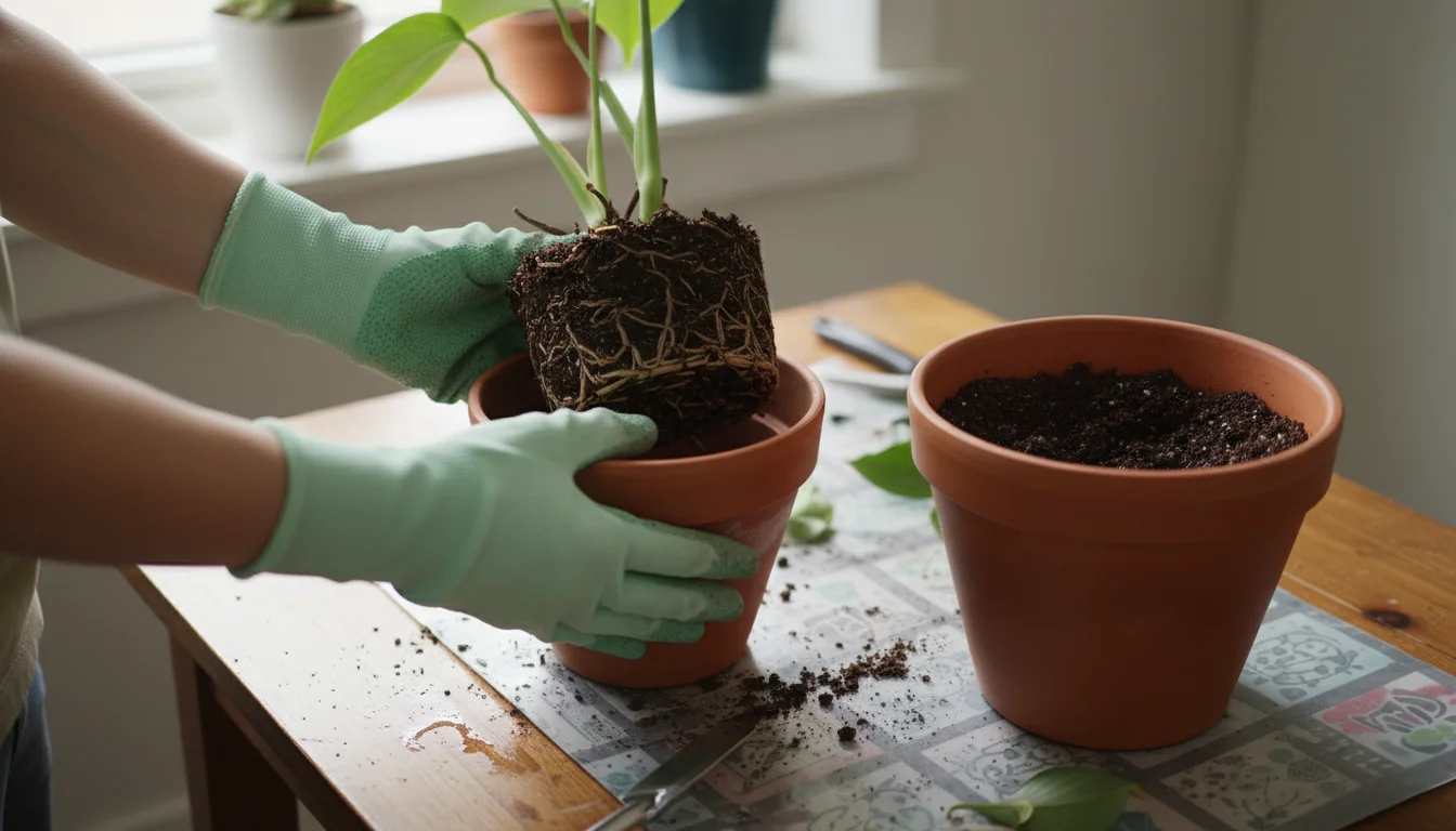Close-up of hands gently removing a root-bound houseplant from its pot, preparing it for repotting into a larger container on a table in soft winter l
