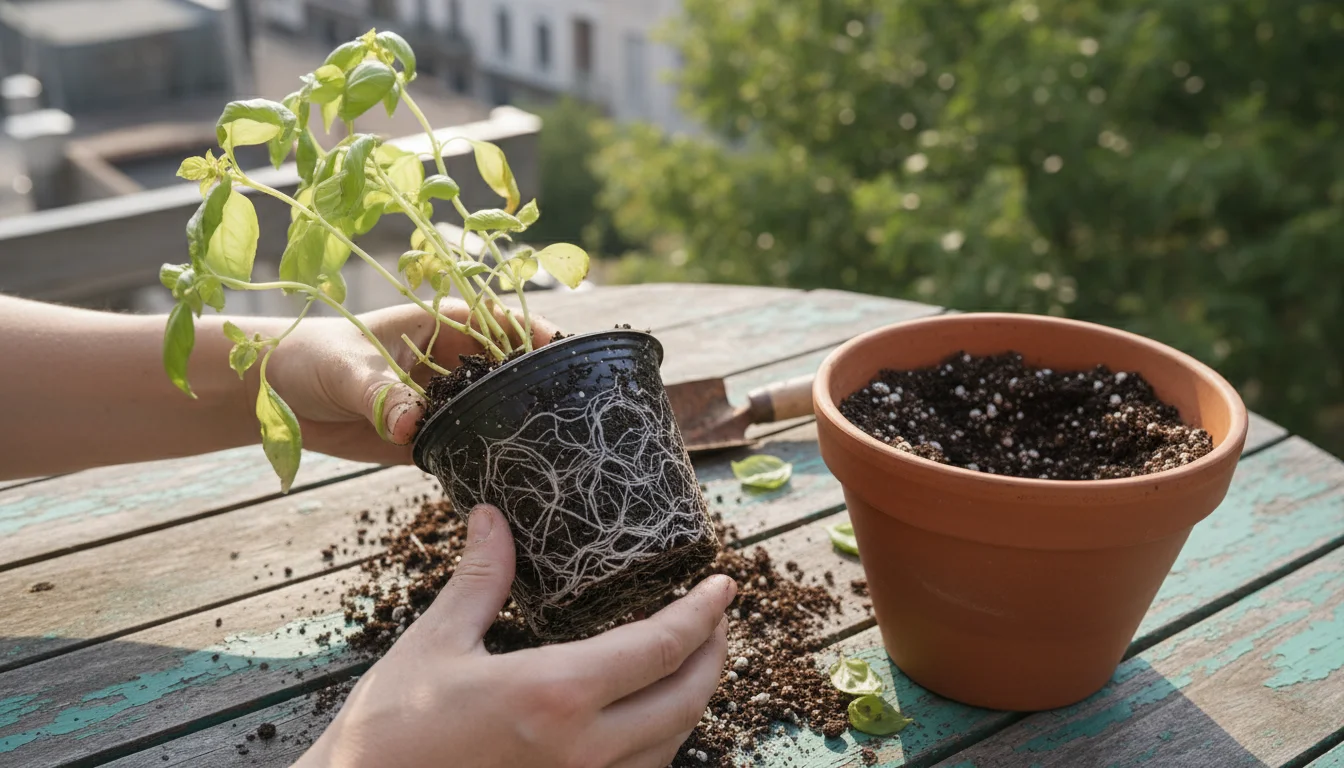 Hands gently removing a root-bound, leggy basil plant from its small black plastic grocery pot, revealing pale, sparse soil.