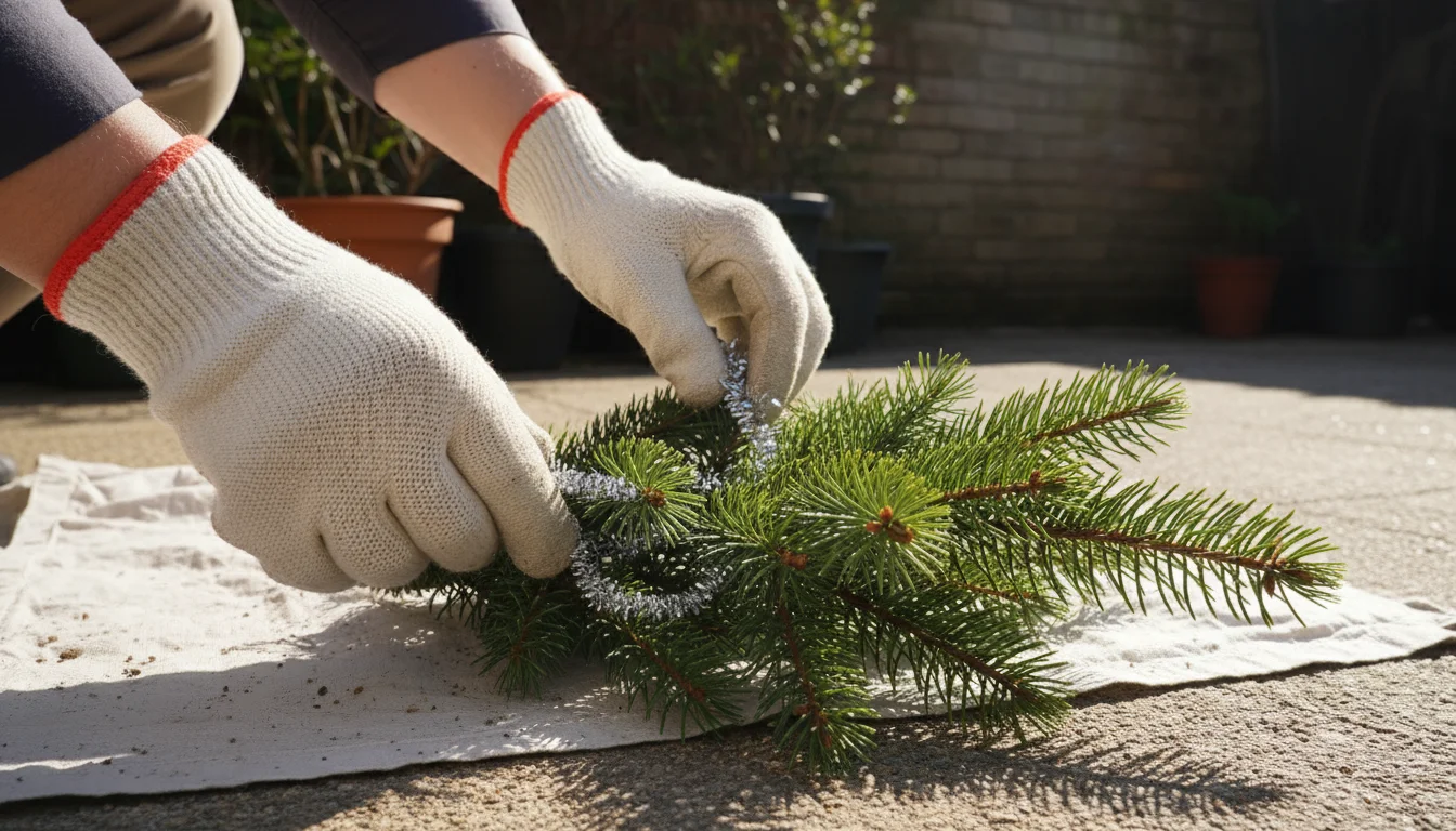 Close-up of hands carefully removing a small metallic ornament hook from a Christmas tree branch resting on a patio surface.