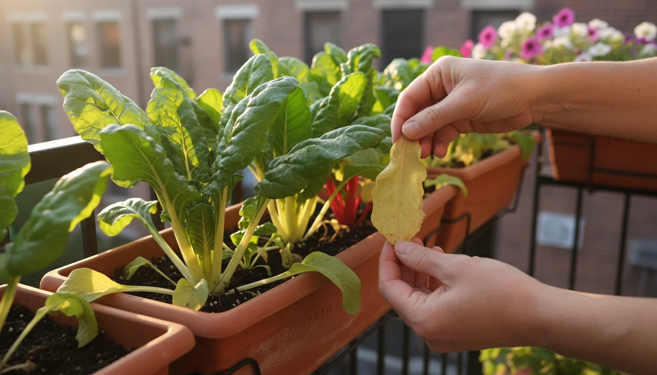 Hands gently removing a yellowing leaf from healthy Swiss chard plants in a terracotta balcony planter on a sunny morning.