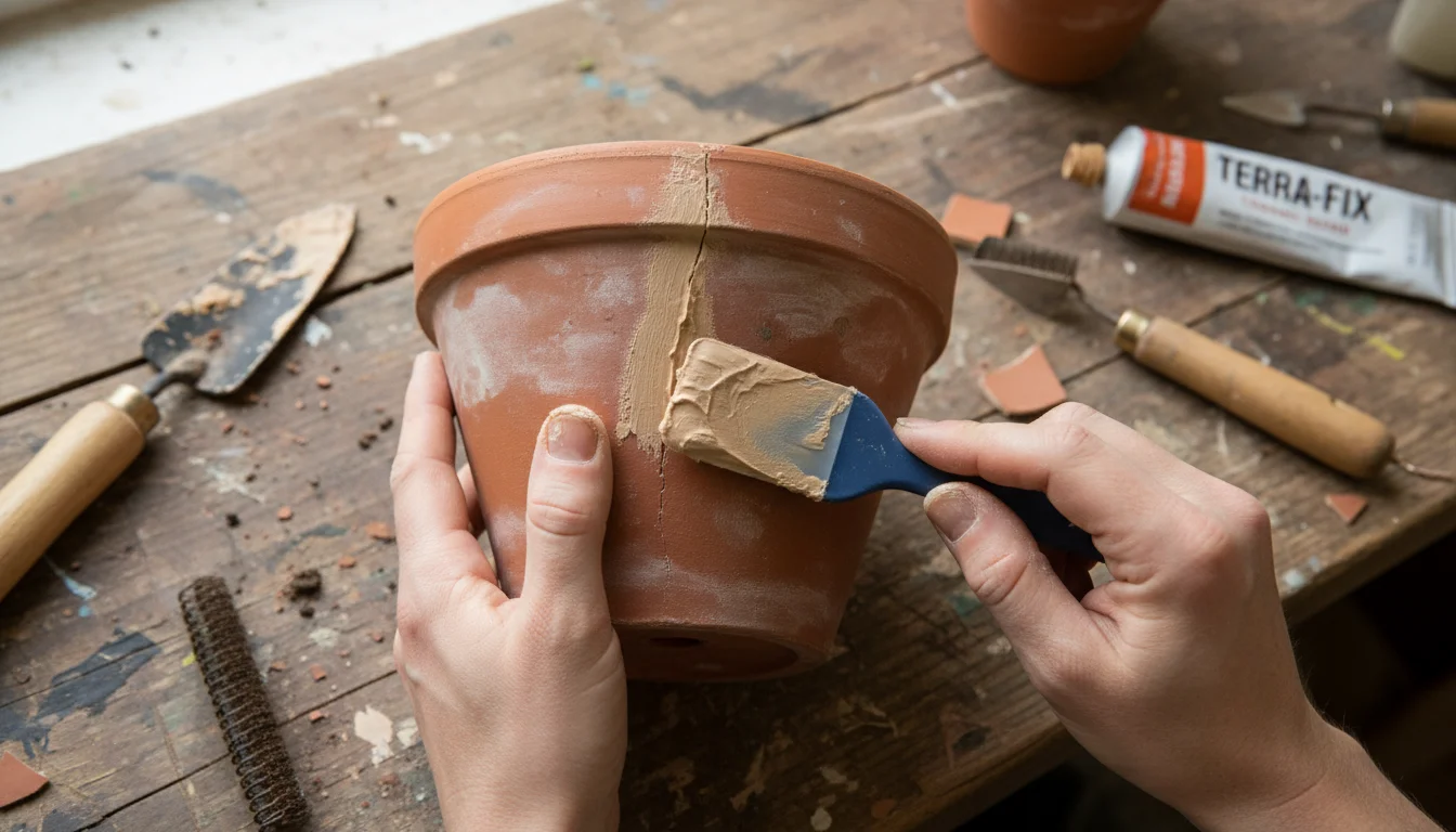 Hands repairing a hairline crack on a terracotta pot with a small spatula and repair compound on a wooden table.