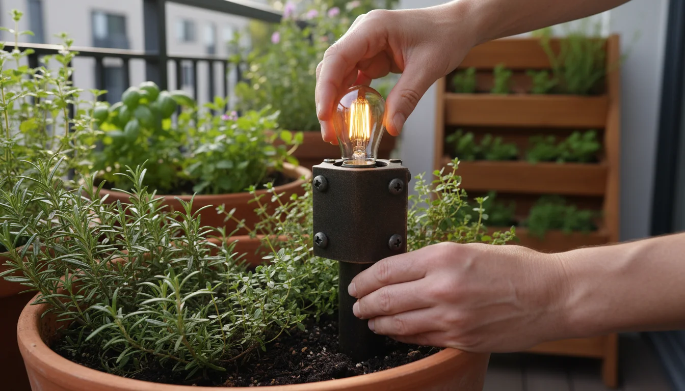 Hands replace an LED bulb in a durable, dark bronze garden light fixture on a vibrant urban balcony with container plants.