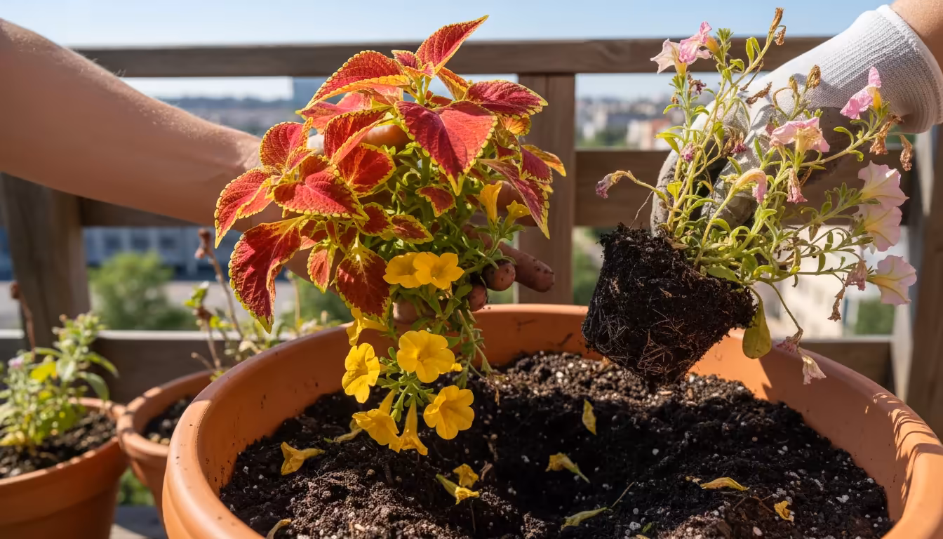 Hands replacing a faded spring annual with a vibrant, heat-tolerant plant in a terracotta pot on a balcony.
