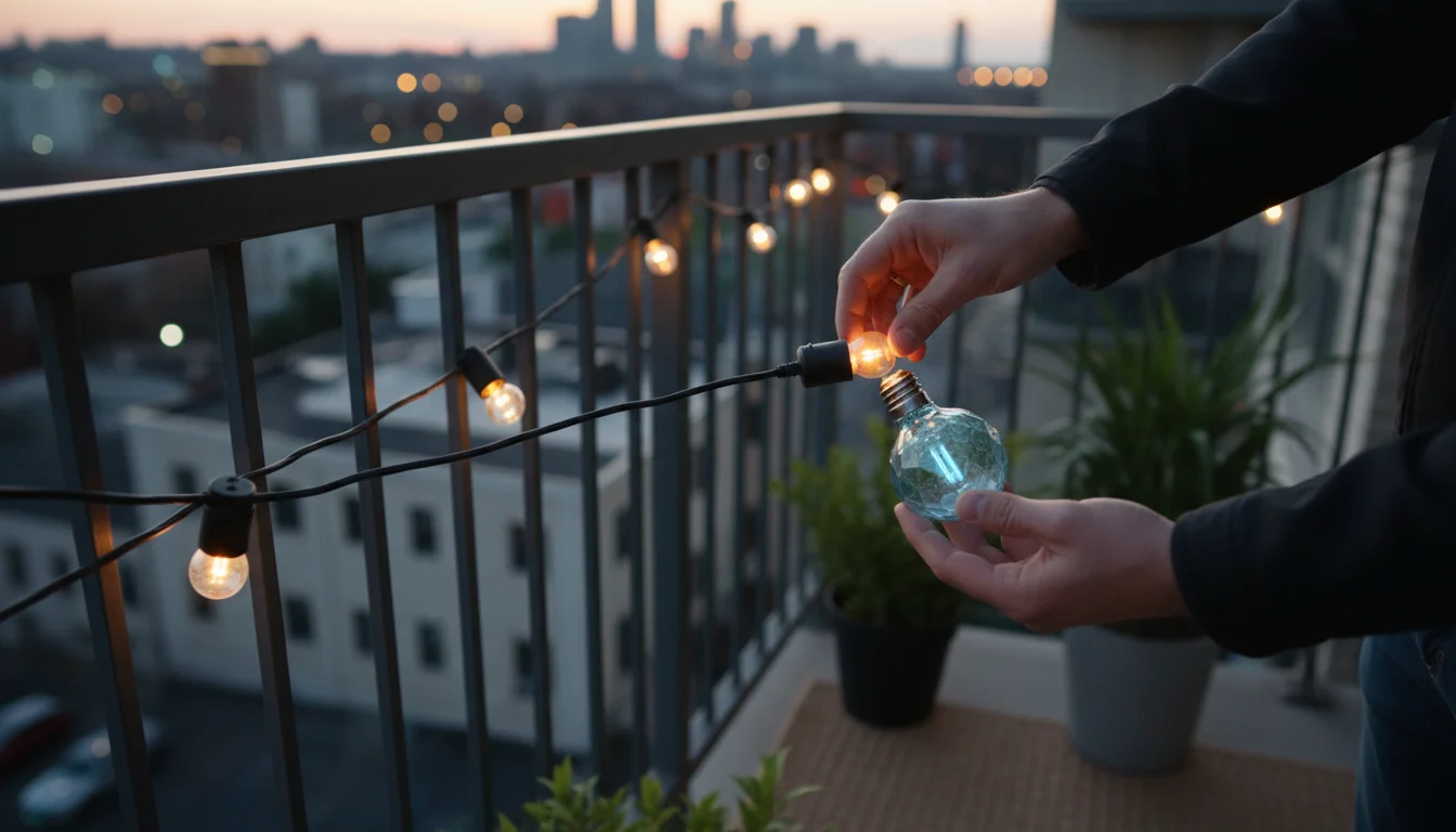 Close-up of hands replacing a small LED bulb in string lights on a balcony railing, with a colorful new bulb and lush container plants in soft light.