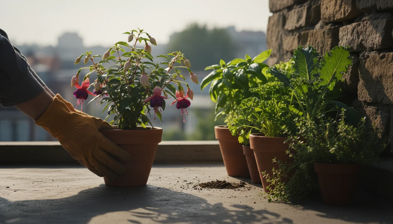 Hands gently repositioning a potted fuchsia on a balcony, moving it towards other container plants in a shadier spot.