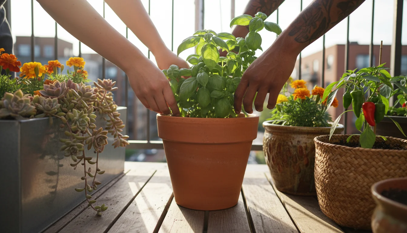 Hands gently repositioning a terracotta pot with basil on a small, sunny urban balcony amidst other diverse containers.