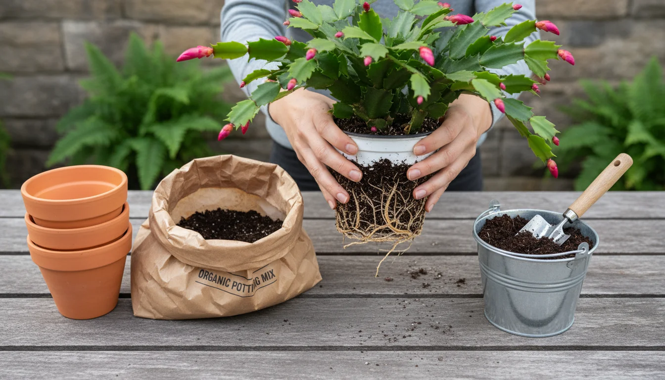 Hands gently repotting a Christmas cactus/poinsettia into a terracotta pot, with organic potting mix and homemade compost on a wooden patio table.